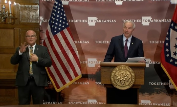 Ark. Gov. Asa Hutchinson speaks at a press conference in Little Rock on Nov. 10, 2020. 