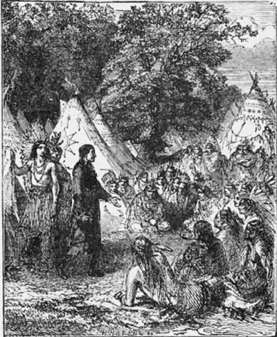 David Brainerd (1718-1747), a colonial American who served as a missionary to New England's indigenous population, preaching before a group of Native Americans. 