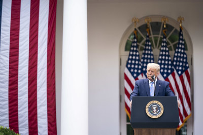 President Donald J. Trump listens as Vice President Mike Pence addresses his remarks during an update on the nation’s COVID-19 Coronavirus testing strategy Monday, Sept. 28, 2020, in the Rose Garden of the White House. 