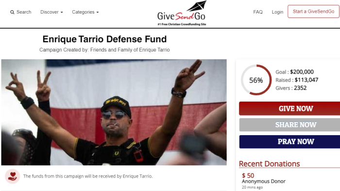 A screenshot of the fundraising campaign for Proud Boys Chairman Henry 'Enrique' Tarrio.