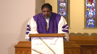 Bishop William J. Barber II, co-chair of the Poor People’s Campaign, preaches a homily as part of the Washington National Cathedral's virtual presidential inaugural prayer service on Thursday, Jan. 21, 2021. 