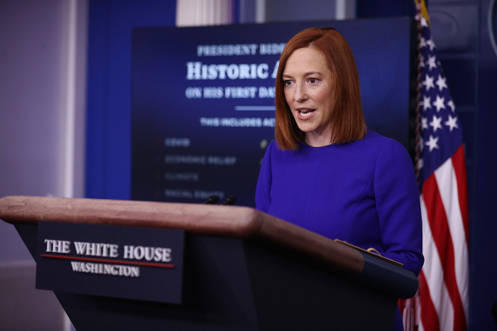 White House Press Secretary Jen Psaki conducts her first news conference of the Biden administration in the Brady Press Briefing Room at the White House on January 20, 2021, in Washington, D.C. Psaki previously worked in the Obama administration as White House Communications Director and spokesperson for the State Department. 