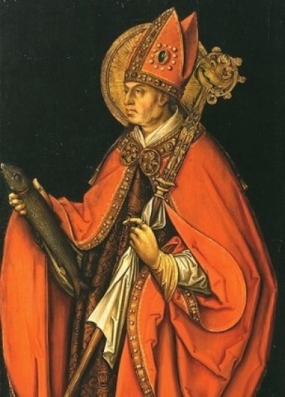 A sixteenth-century painting of Saint Ulric of Augsburg (893-973), the first man to be canonized a saint by a pope. 