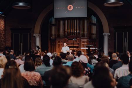 Pastor Josh Scott preaches at GracePointe Church in Nashville, Tennessee.