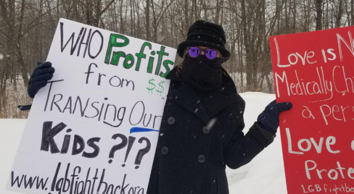 Parents and LGB Fight Back protest outside of gender clinics on Feb. 14, 2021. 