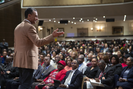 Pastor A.R. Bernard speaks at a Sunday service at the nondenominational Christian Cultural Center in Brooklyn, NY.