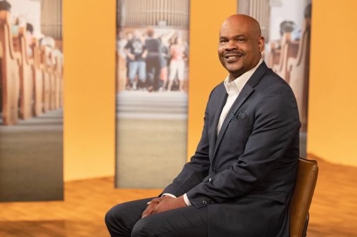 The Rev. Junius B. Dotson records a segment of the “Soul Reset” study series for the Upper Room at United Methodist Communications in Nashville, Tennessee, in 2019. Dotson, the top executive of Discipleship Ministries, died on Feb. 24, 2021. He was 55. 