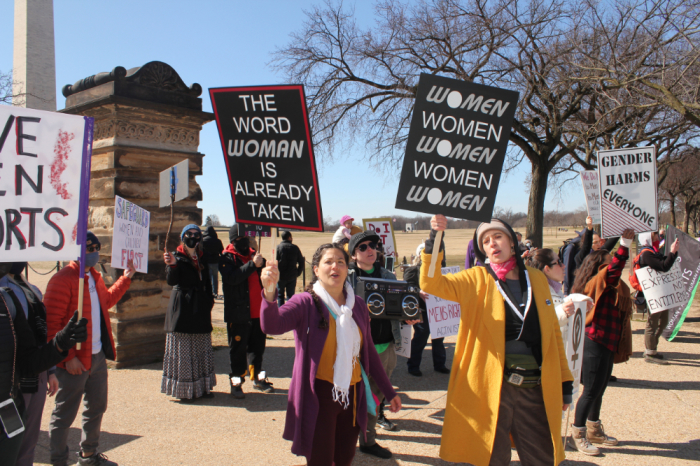 Women protest near the Washington Monument objecting to the Biden administration's transgender executive order on Monday, March 8, 2021. 