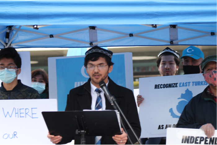 Salih Hudayar, prime minister of the East Turkistan Government in Exile, addresses a crowd of Uighur protesters gathered in front of the U.S. State Department, March 18, 2021.