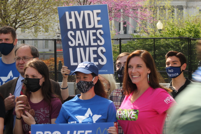 Speakers at the Democrats for Life of America's Save Hyde National Day of Action pose for a group photo in Washington, D.C. with the U.S. Capitol Building in the background on Apr. 10, 2021. From left to right: Catholic University of America Michael New, pro-life activist Purity Thomas, DFLA Executive Director Kristen Day and Americans United for Life President and CEO Catherine Glenn Foster.