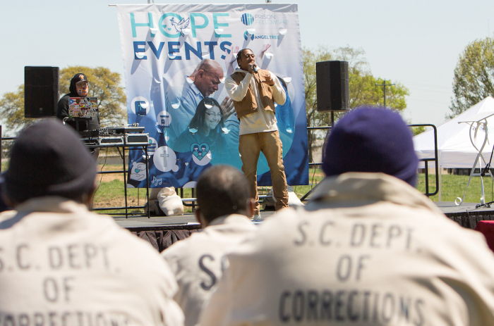 Lecrae performs at a Prison Fellowship Hope Event at a prison facility outside Columbia, South Carolina, 2021.