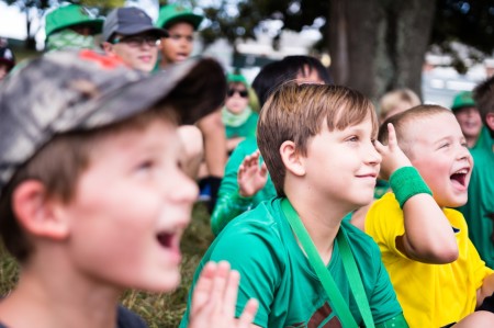 Staff-led camp songs and cheers provide entertainment at WinShape Camps in Cleveland, GA.