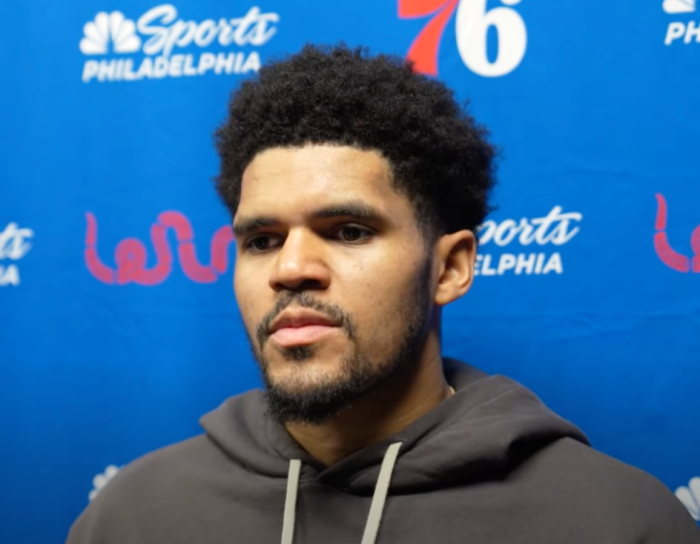 Philadelphia 76ers forward Tobias Harris participates in a post-game press conference. 