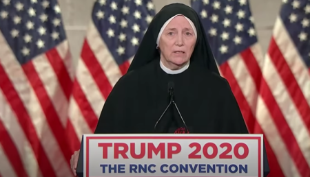 Sister Deirdre Byrne, a Catholic nun, speaks at the 2020 Republican National Convention in support of then-President Donald Trump's pro-life policies.