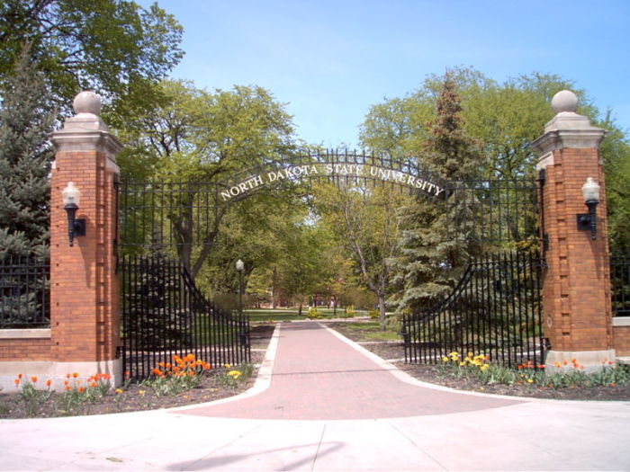 Flowers bloom outside the gates of North Dakota State University in Fargo, North Dakota.