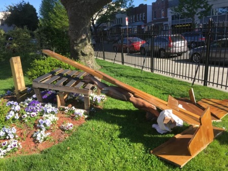 A vandal pushed over a statue of Jesus’s crucifixion and torched an American flag hanging outside St. Athanasius Church in New York City.