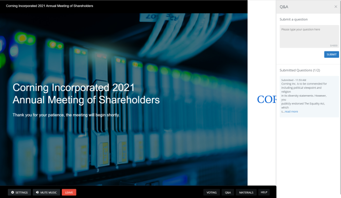 Corning Incorporated annual meeting Q&A screenshot 