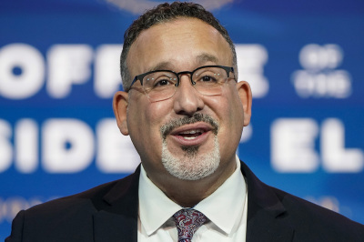 Miguel Cardona speaks after President Joe Biden announced him as his nominee for Education Secretary at the Queen theatre on Dec. 23, 2020, in Wilmington, Delaware. 