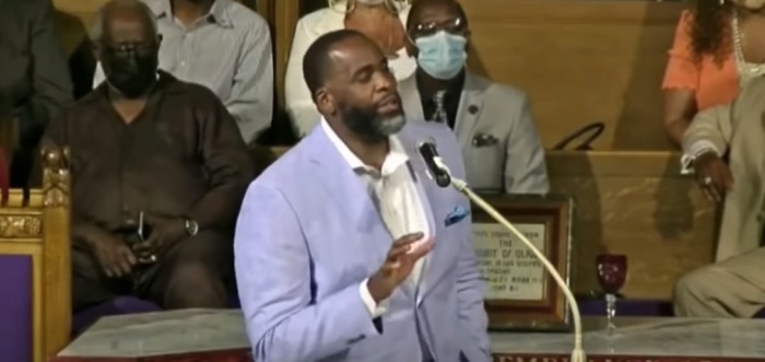 Former Detroit Mayor Kwame Kilpatrick preaches at Historic Little Rock Baptist Church of Detroit, Michigan on Sunday, June 13, 2021. 