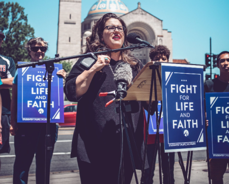 Students for Life of America President Kristan Hawkins speaks at her group's Fight for Life & Faith rally outside the Basilica of the Immaculate Conception in Washington, D.C., June 16, 2021.