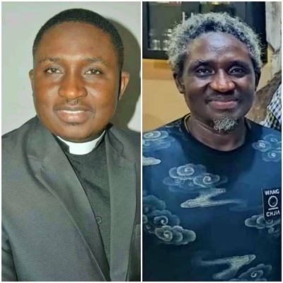 Before-and-after photos of Nigerian Rev. Polycarp Zongo, who was abducted by Islamic State terrorists, in October 2020. He was released in June 2021 in time to meet his newborn son for Father's Day weekend. 