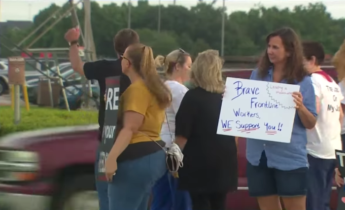 Protesters demonstrate against Houston Methodist Hospital's mandatory vaccine policy during a June 26, 2021 protest. 