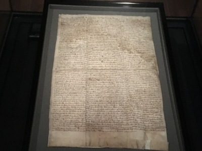 The 1217 Magna Carta appears in the 'Magna Carta: Tyranny. Justice. Liberty' exhibit at the Museum of the Bible in Washington, D.C., on July 1, 2021. 