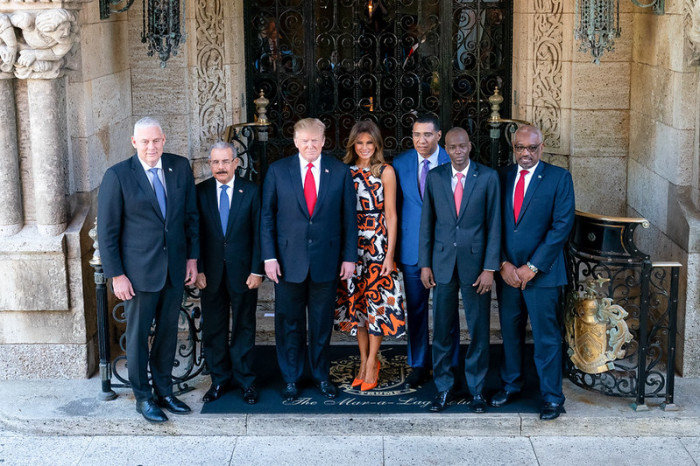 President Donald J. Trump and First Lady Melania Trump welcome Caribbean leaders Friday, March 22, 2019, to Mar-a-Lago in Palm Beach, Fla., from left, Prime Minister Allen Chastanet of Saint Lucia; President Danilo Medina Sanchez of the Dominican Republic; Prime Minister Andrew Holness of Jamaica; President Jovenel Moise of the Republic of Haiti and Prime Minister Hubert Minnis of the Commonwealth of the Bahamas.