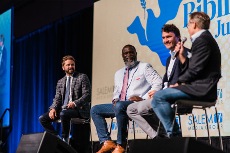 Voddie Baucham and Owen Strachan appear at the National Religious Broadcasters Convention on June 22, 2021 in Grapevine, Texas.