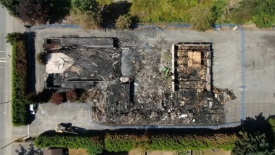 The ruins of St. George Coptic Orthodox Church of Surrey, British Columbia, Canada, are seen from above after the building was burned down in an apparent arson attack on July 19, 2021. 