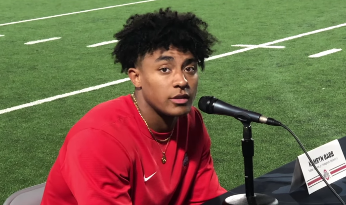 Kamryn Babb speaks with the media after being selected as a captain on the Ohio State football team in August 2021.