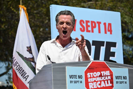 California Gov. Gavin Newsom speaks at a rally against the upcoming gubernatorial recall election on Sept. 4, 2021 at Culver City High School in Culver City, California. 