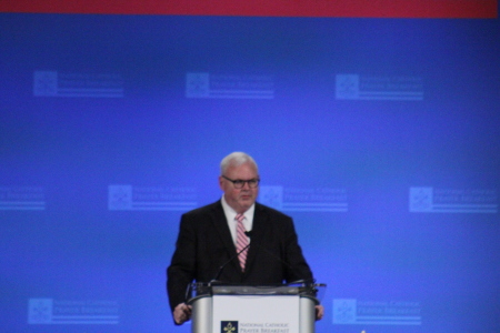 William McGurn, a member of the Wall Street Journal Editorial Board, accepts the Christifideles Laici Award on behalf of Jimmy Lai at the 2021 National Catholic Prayer Breakfast, Sept. 14, 2021.