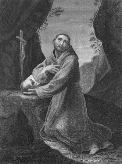 Circa 1220, Portrait of Saint Francis of Assisi (c 1181-1226) kneeling at an rock altar to pray with a skull in his hand. Originally Francescodi Pietro di Bernadone, he was the founder of the monastic order called the Franciscans, which was approved in 1209 by Pope I