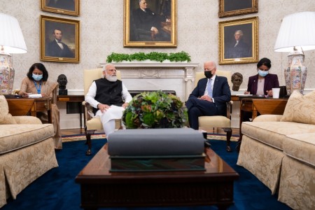 Indian Prime Minister Narendra Modi (L) speaks during a bilateral meeting with U.S. President Joe Biden in the Oval Office of the White House on September 24, 2021, in Washington, D.C. President Biden is hosting a Quad Leaders Summit later today with Prime Minister Modi, Australian Prime Minister Scott Morrison and Japanese Prime Minister Suga Yoshihide.