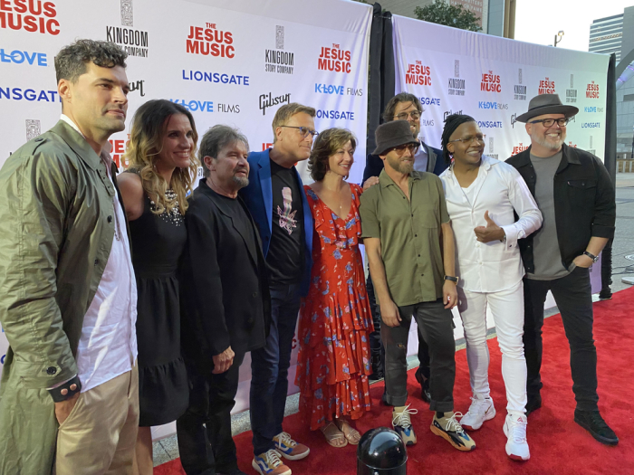 Joel Smallbone, Rebecca St. James, Russ Taff, Michael W. Smith, Amy Grant, TobyMac, Jason Crabb, Michael Tait and Bart Millard attend the red carpet premiere of 'The Jesus Music' in Nashville, Tennessee, on Sept. 27, 2021.