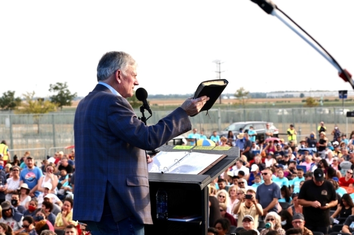 Franklin Graham speaks during the the 'God Loves You' tour event in Joliet, Illinois, on Sept. 19, 2021. 