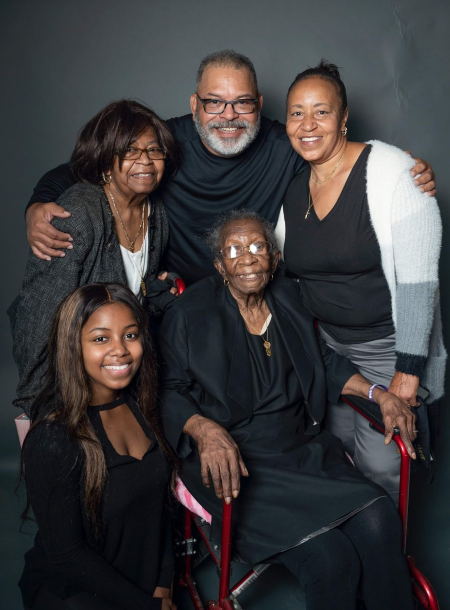 A family picture with Viola Brown: L-R seated Nyjah Davis (great-granddaughter), Viola Roberts Lampkin Brown, standing Vonceil Hill (daughter), Andrew Roberts great-nephew and Charceil Kellam (granddaughter)