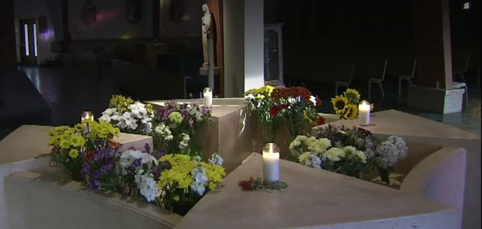 The baptismal pool at St. John the Baptist Church in Healdsburg, California, is decorated in honor of Maria Jose Ordaz Chavarria, a 4-year-old girl who was drowned there by her father while he was high on drugs. 