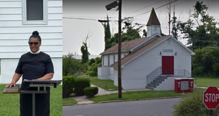 Pastor Ratona Stokes-Robinson (L) prays outside the St. James AME Church in Thorofare, N.J.