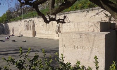 A marker at the Reformation Wall Monument in Geneva, Switzerland, honoring Marie Dentière (1495-1561), a French Protestant leader. 