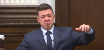 Kyle Rittenhouse breaks down in tears as he testifies at his trial in Kenosha, Wisconsin, Nov. 10, 2021.