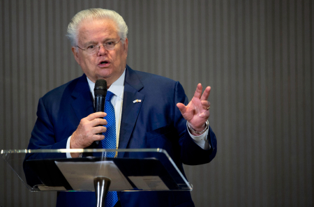 US Evangelical Bishop John Hagee speaks during a meeting with Brazilian President jair Bolsonaro and evangelical leaders at the Hilton Barra Hotel, Barra da Tijuca neighborhood in Rio de Janeiro, Brazil on April 11, 2019. (Photo by Mauro Pimentel / AFP) (Photo credit should read MAURO PIMENTEL/AFP via Getty Images) 