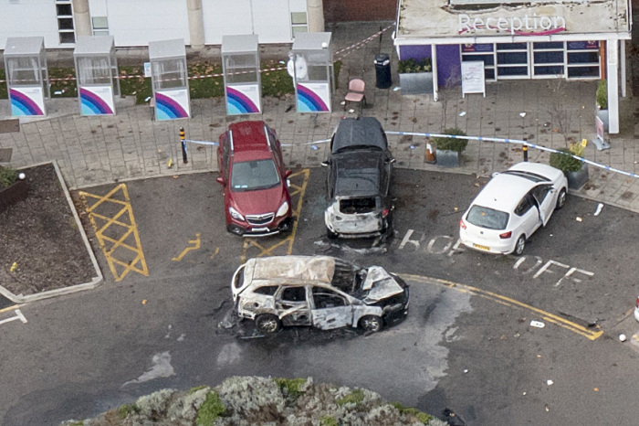 In an aerial view, the scene of the car explosion at Liverpool Women's Hospital is seen on November 17, 2021 in Liverpool, England. 