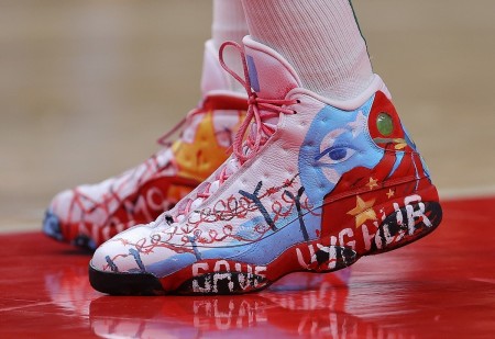 A view of the shoes worn by Enes Kanter #13 of the Boston Celtics against the Atlanta Hawks during the first half at State Farm Arena on November 17, 2021 in Atlanta, Georgia. 