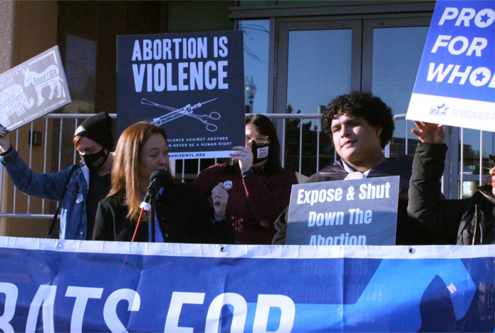 Kristen Day, the executive director of Democrats for Life of America, speaks at a press conference outside the Democratic National Committee's headquarters in Washington, D.C., on Nov. 30, 2021.