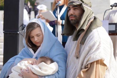 Dozens attend a live reenactment of Jesus’ nativity scene held outside the U.S. Supreme Court Building in Washington, D.C., on Thursday, Dec. 2, 2021.