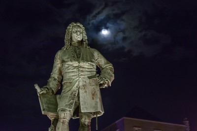 Monument to George Frideric Handel in Halle, Germany, at night.