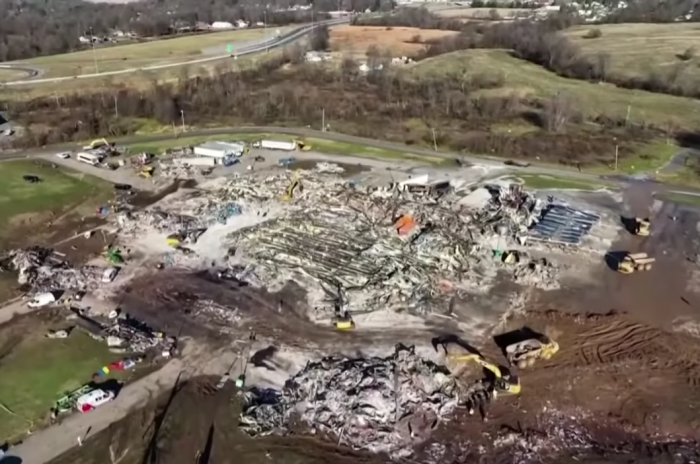 Debris is left after the Mayfield Consumer Products candle factory was hit with a tornado in December 2021 in Mayfield, Kentucky. 