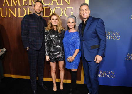 Zachary Levi, Anna Paquin and Kurt and Brenda Warner appear at the red carpet premiere of 'American Underdog.'